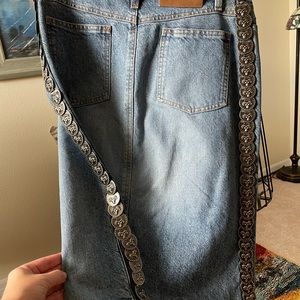 MOSCHINO  denim skirt w/ coins on sides IT 42 US 8 Made in Italy Excellent!